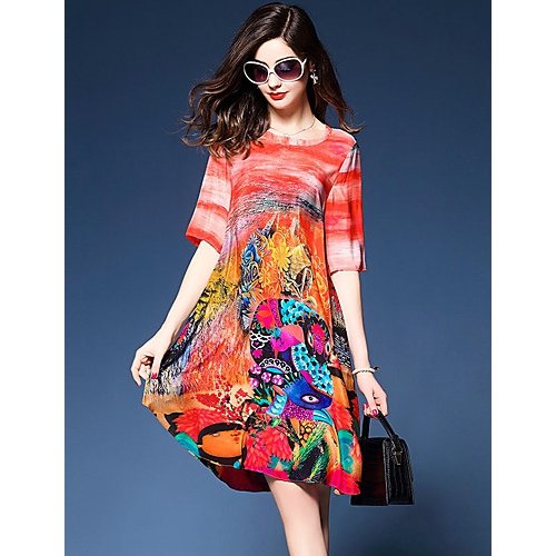 Women out fancy silk loose, straight dresses, graphic print V-neck